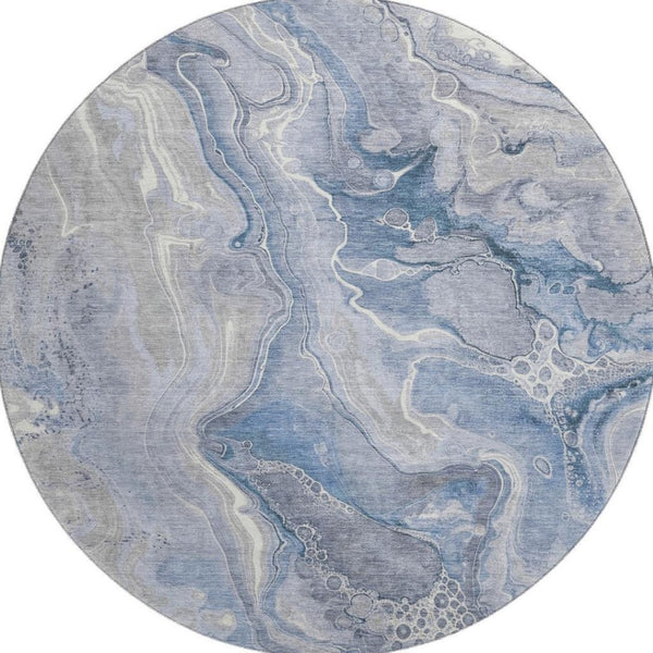 HomeRoots 8' Denim Blue Gray and Ivory Abstract Washable Round Rug - Durable, UV Protected for Modern Spaces 697040