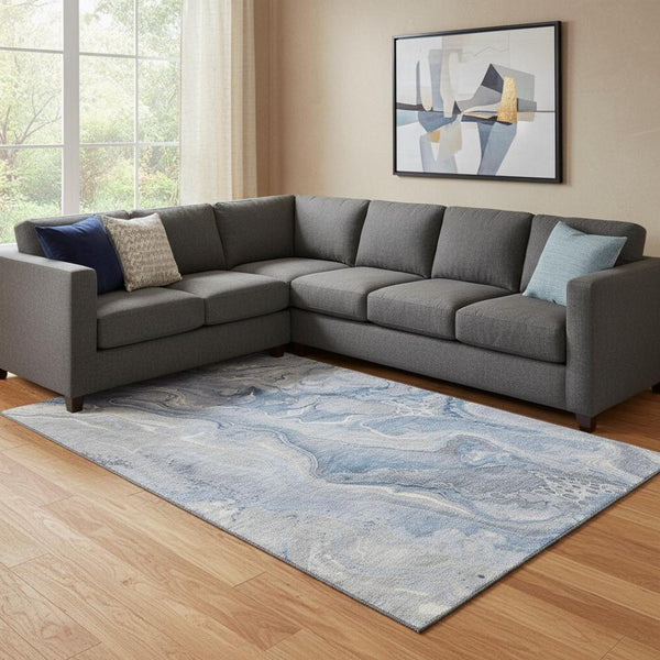 HomeRoots 8' X 10' Denim Blue Gray Ivory Abstract Area Rug - Durable, Stain Resistant, UV Protected & Non-Slip! 697041