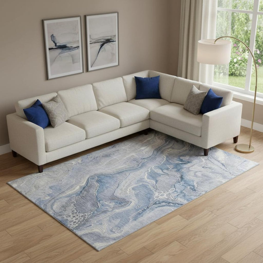 HomeRoots 9' X 12' Abstract Denim Blue Gray Ivory Area Rug – Washable, UV-Resistant, Ideal for Families & Pets 697042
