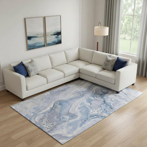 HomeRoots 10' X 14' Denim Blue Gray Ivory Abstract Area Rug - Washable, UV-Protected & Family-Friendly Style 697043