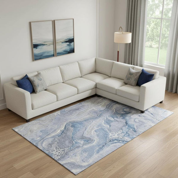 HomeRoots 10' X 14' Denim Blue Gray Ivory Abstract Area Rug - Washable, UV-Protected & Family-Friendly Style 697043