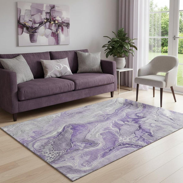 HomeRoots 5' X 8' Abstract Purple Gray Ivory Washable Area Rug with UV Protection - Perfect for High-Traffic Spaces 697045