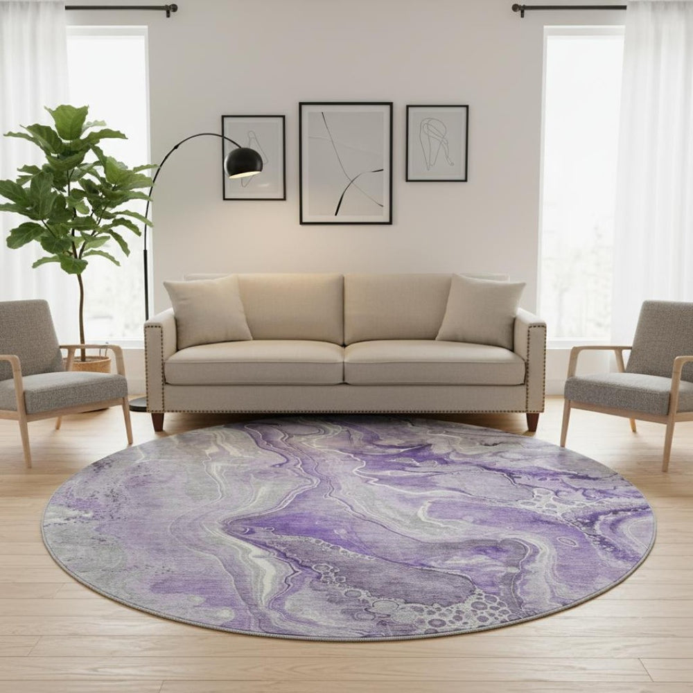HomeRoots 8' Modern Abstract Washable Round Rug in Purple, Gray, Ivory - UV Protected, Stain Resistant, Non-Slip 697046