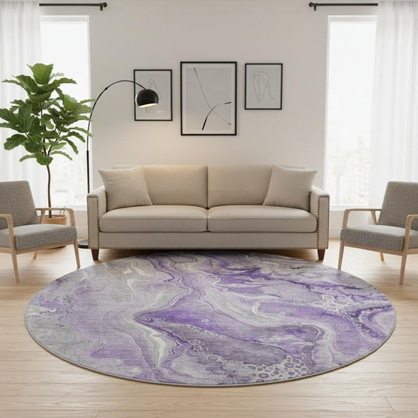 HomeRoots 8' Modern Abstract Washable Round Rug in Purple, Gray, Ivory - UV Protected, Stain Resistant, Non-Slip 697046