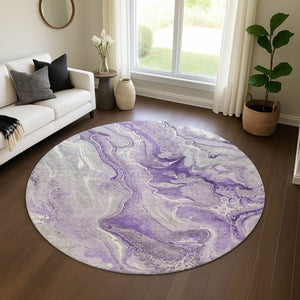 HomeRoots 8' Modern Abstract Washable Round Rug in Purple, Gray, Ivory - UV Protected, Stain Resistant, Non-Slip 697046