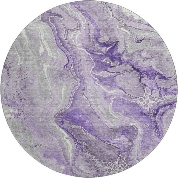 HomeRoots 8' Modern Abstract Washable Round Rug in Purple, Gray, Ivory - UV Protected, Stain Resistant, Non-Slip 697046