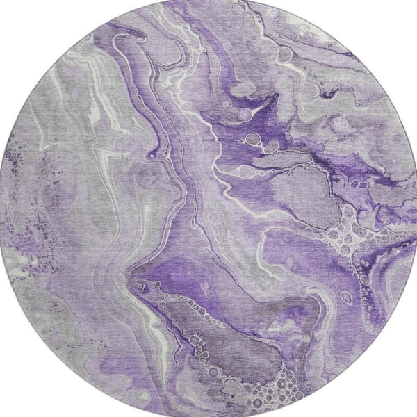 HomeRoots 8' Modern Abstract Washable Round Rug in Purple, Gray, Ivory - UV Protected, Stain Resistant, Non-Slip 697046
