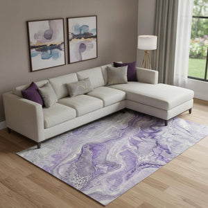 HomeRoots 9' X 12' Abstract Washable Area Rug in Purple, Gray & Ivory - UV Protection & Stain Resistant! 697048