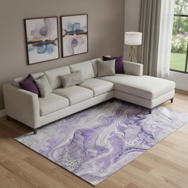 HomeRoots 9' X 12' Abstract Washable Area Rug in Purple, Gray & Ivory - UV Protection & Stain Resistant! 697048