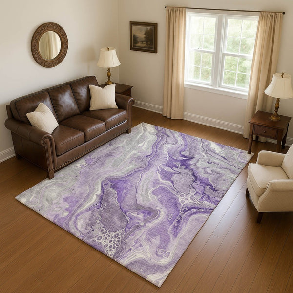 HomeRoots 9' X 12' Abstract Washable Area Rug in Purple, Gray & Ivory - UV Protection & Stain Resistant! 697048