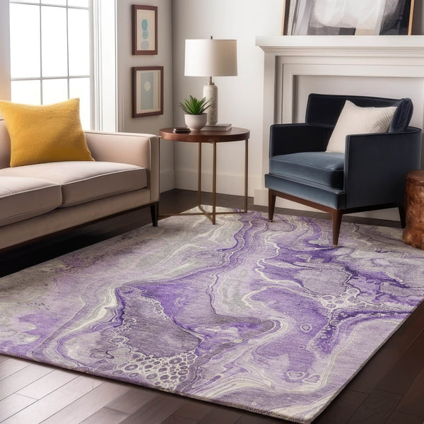 HomeRoots 9' X 12' Abstract Washable Area Rug in Purple, Gray & Ivory - UV Protection & Stain Resistant! 697048