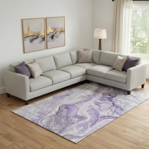 HomeRoots 10' X 14' Purple Gray Ivory Washable Area Rug - Stylish Abstract Design with UV Protection & Non-Slip Backing 697049