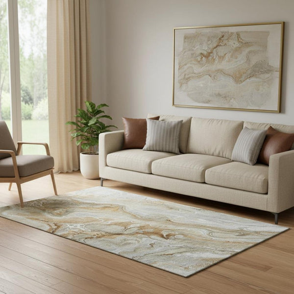 HomeRoots 5' X 8' Modern Pewter Tan Ivory Abstract Area Rug - Washable, UV Protected, Easy Care & Durable 697051