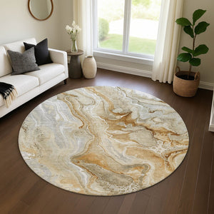 HomeRoots 8' Modern Abstract Washable Round Rug in Pewter, Tan & Ivory - UV Protected, Stain Resistant Design 697052