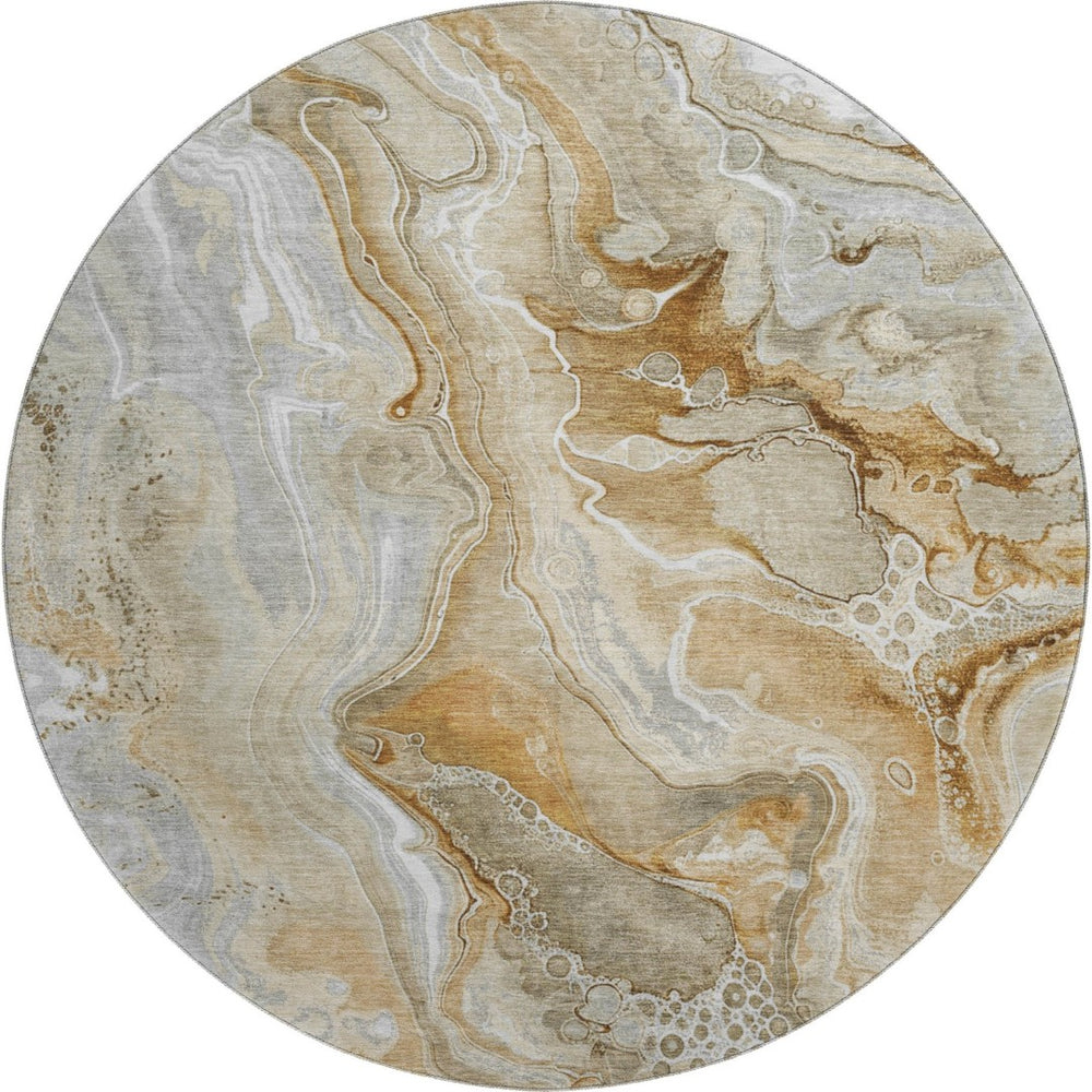 HomeRoots 8' Modern Abstract Washable Round Rug in Pewter, Tan & Ivory - UV Protected, Stain Resistant Design 697052