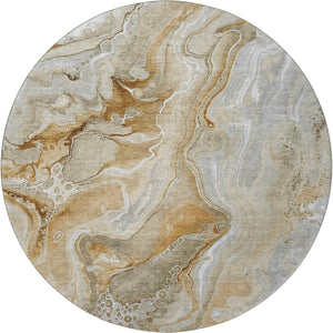 HomeRoots 8' Modern Abstract Washable Round Rug in Pewter, Tan & Ivory - UV Protected, Stain Resistant Design 697052