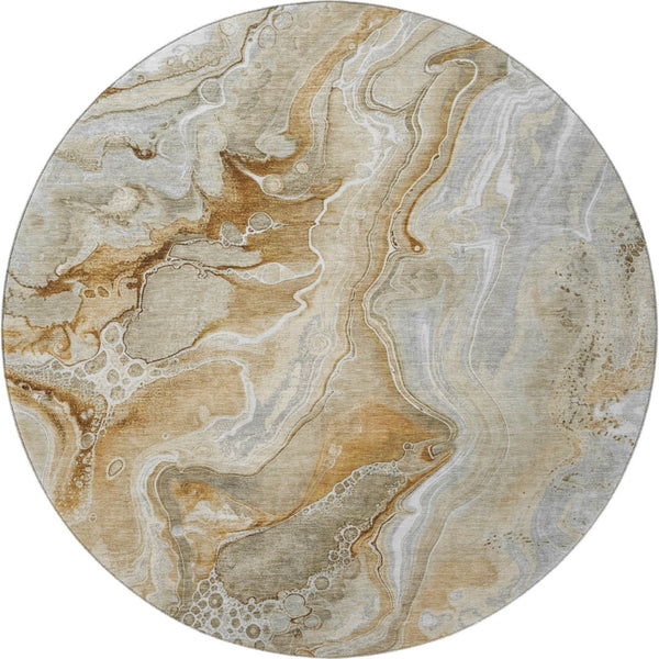 HomeRoots 8' Modern Abstract Washable Round Rug in Pewter, Tan & Ivory - UV Protected, Stain Resistant Design 697052