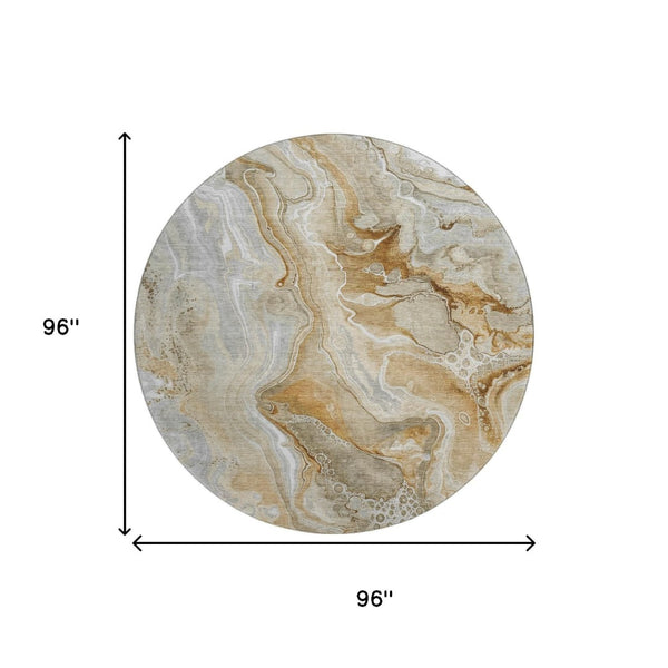 HomeRoots 8' Modern Abstract Washable Round Rug in Pewter, Tan & Ivory - UV Protected, Stain Resistant Design 697052