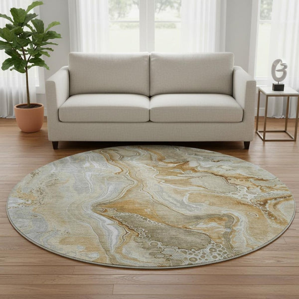HomeRoots 8' Modern Abstract Washable Round Rug in Pewter, Tan & Ivory - UV Protected, Stain Resistant Design 697052