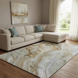 HomeRoots 8' X 10' Abstract Washable Area Rug in Pewter Tan & Ivory - UV Protected, Durable, Easy Care Design 697053