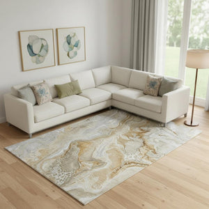 HomeRoots 9' X 12' Abstract Washable Area Rug in Pewter Tan & Ivory - Durable, UV-Protected, Easy Care Design 697054