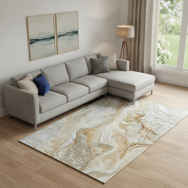 HomeRoots 10' X 14' Abstract Area Rug in Pewter Tan & Ivory – Washable, UV Protected, Perfect for Family Rooms! 697055