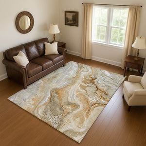 HomeRoots 10' X 14' Abstract Area Rug in Pewter Tan & Ivory – Washable, UV Protected, Perfect for Family Rooms! 697055
