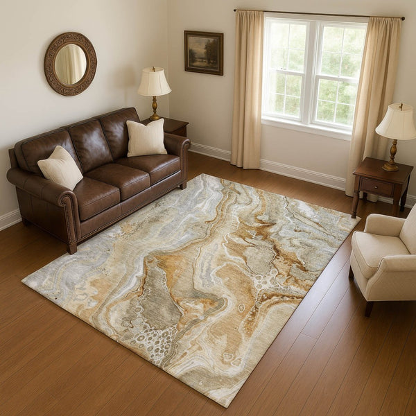 HomeRoots 10' X 14' Abstract Area Rug in Pewter Tan & Ivory – Washable, UV Protected, Perfect for Family Rooms! 697055