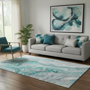 HomeRoots 5' X 8' Modern Teal Gray Ivory Abstract Washable Area Rug with UV Protection for Easy Care & Style 697057