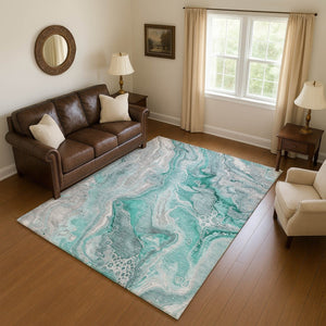 HomeRoots 5' X 8' Modern Teal Gray Ivory Abstract Washable Area Rug with UV Protection for Easy Care & Style 697057
