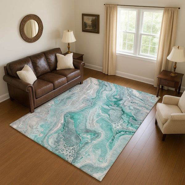 HomeRoots 5' X 8' Modern Teal Gray Ivory Abstract Washable Area Rug with UV Protection for Easy Care & Style 697057