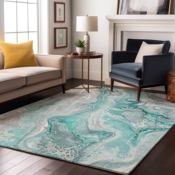 HomeRoots 5' X 8' Modern Teal Gray Ivory Abstract Washable Area Rug with UV Protection for Easy Care & Style 697057