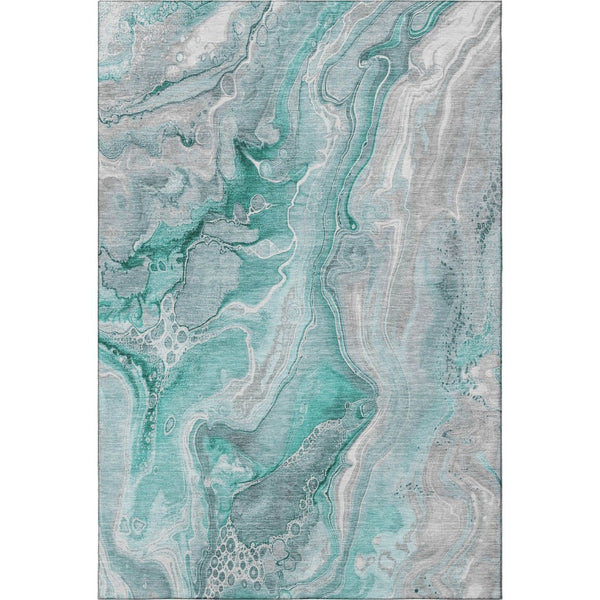 HomeRoots 5' X 8' Modern Teal Gray Ivory Abstract Washable Area Rug with UV Protection for Easy Care & Style 697057