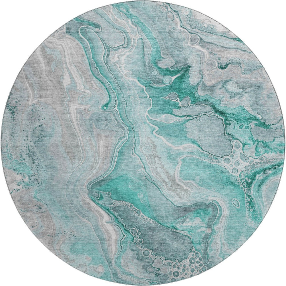 HomeRoots 8' Teal Gray and Ivory Abstract Washable Round Rug with UV Protection for Family-Friendly Spaces 697058