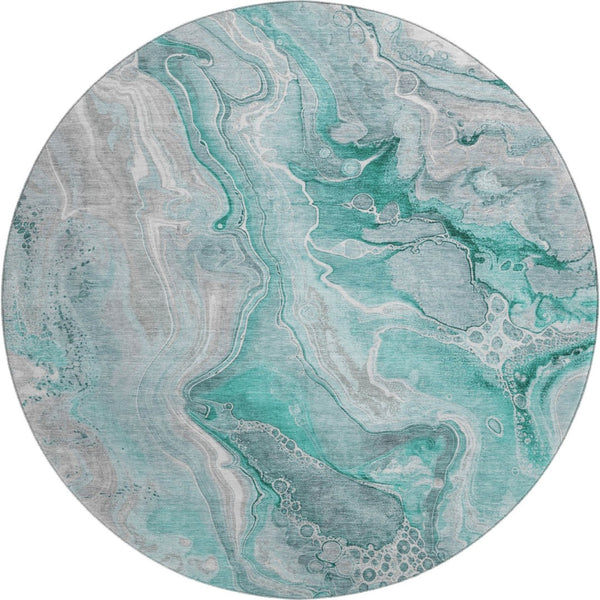 HomeRoots 8' Teal Gray and Ivory Abstract Washable Round Rug with UV Protection for Family-Friendly Spaces 697058