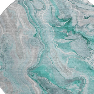 HomeRoots 8' Teal Gray and Ivory Abstract Washable Round Rug with UV Protection for Family-Friendly Spaces 697058