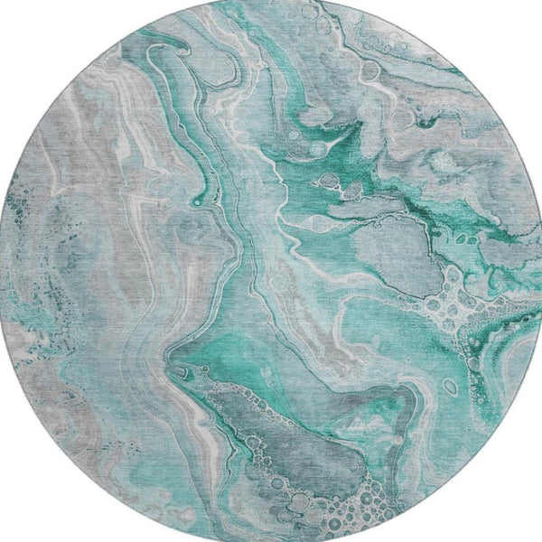 HomeRoots 8' Teal Gray and Ivory Abstract Washable Round Rug with UV Protection for Family-Friendly Spaces 697058