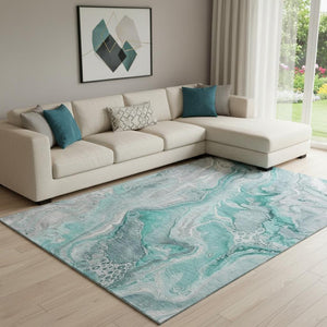 HomeRoots 8' X 10' Teal Gray Ivory Abstract Area Rug – Stylish, Washable, UV-Protected for Busy Homes & Kids 697059