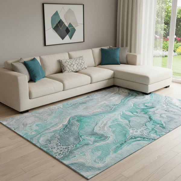 HomeRoots 8' X 10' Teal Gray Ivory Abstract Area Rug – Stylish, Washable, UV-Protected for Busy Homes & Kids 697059