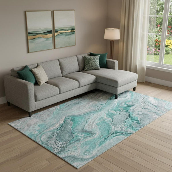 HomeRoots 9' X 12' Teal Gray Ivory Abstract Area Rug - Washable, UV Protected, Stain Resistant, Durable Design 697060