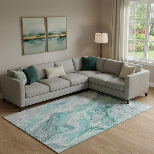 HomeRoots 10' Modern Teal Gray Ivory Abstract Area Rug - Washable, UV-Protected, Stain-Resistant Design! 697061