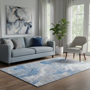 HomeRoots 5' Stylish Blue Gray and Ivory Abstract Washable Area Rug with UV Protection for Family Homes 697064