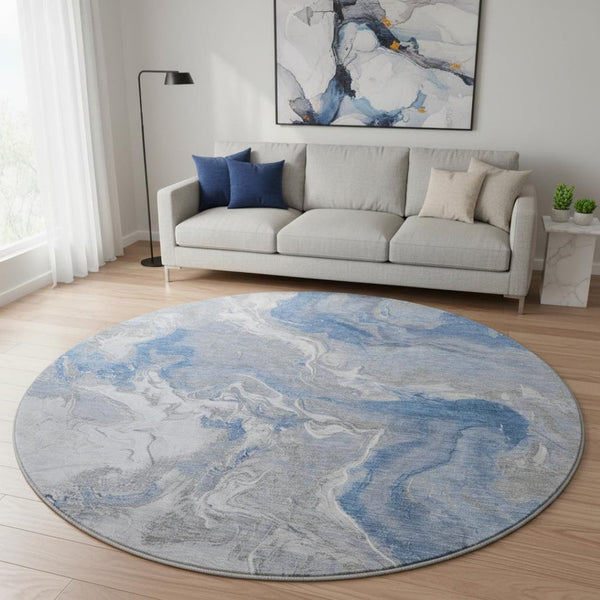 HomeRoots 8' Blue Gray & Ivory Abstract Round Rug - Stylish, Washable, UV Protected for Busy Homes & Kids 697065