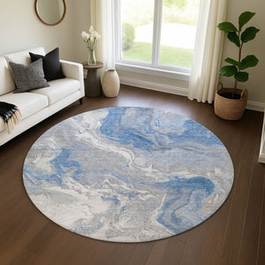 HomeRoots 8' Blue Gray & Ivory Abstract Round Rug - Stylish, Washable, UV Protected for Busy Homes & Kids 697065