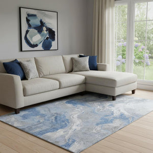 HomeRoots 8' X 10' Stylish Blue Gray and Ivory Washable Area Rug with UV Protection for Modern Homes 697066