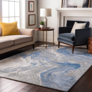 HomeRoots 8' X 10' Stylish Blue Gray and Ivory Washable Area Rug with UV Protection for Modern Homes 697066