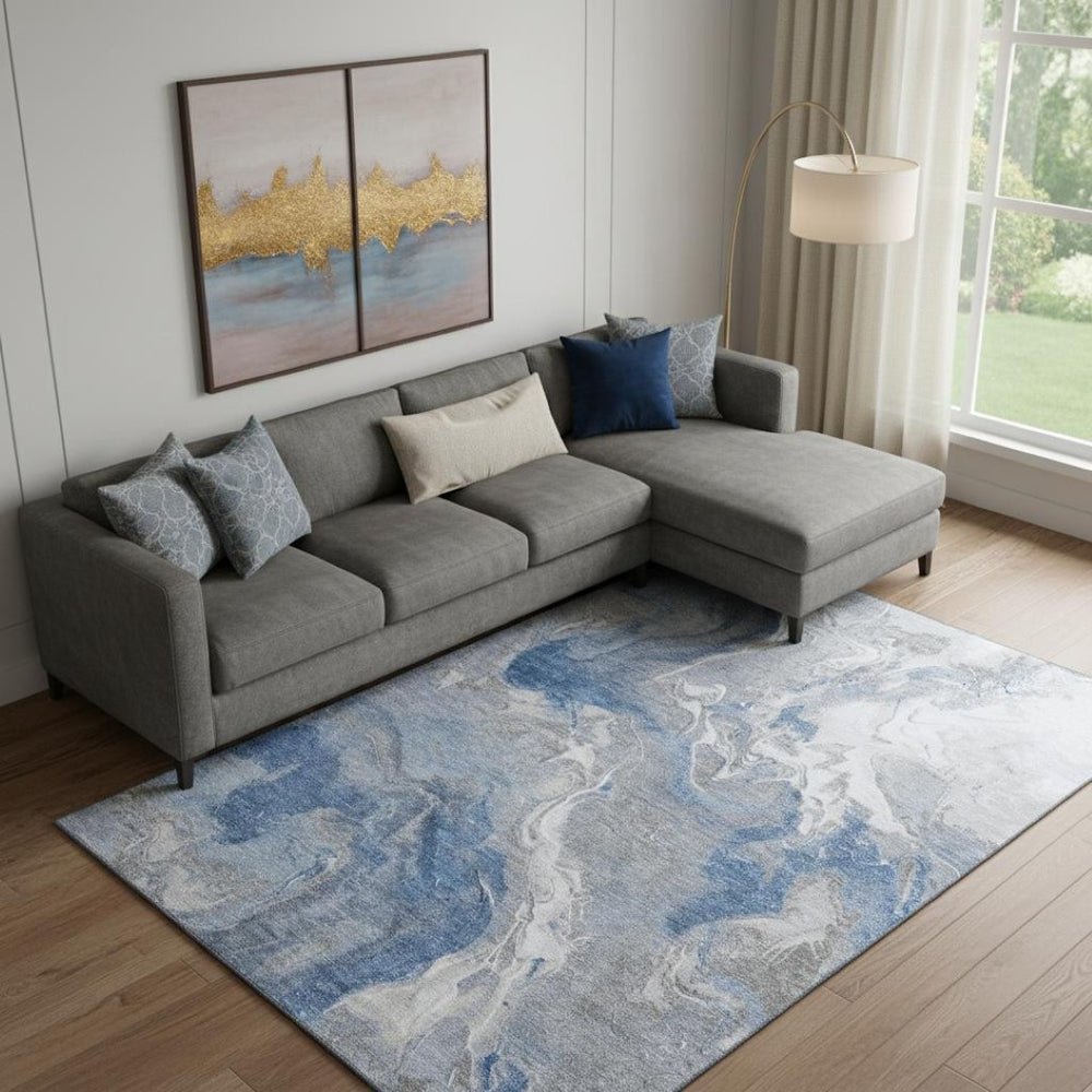 HomeRoots 9' X 12' Blue Gray and Ivory Abstract Area Rug - Washable, UV-Protected, Pet-Friendly Design! 697067