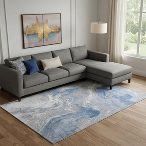 HomeRoots 10' X 14' Blue Gray Ivory Abstract Area Rug - Washable, UV Protected, Stain Resistant for Busy Homes 697068
