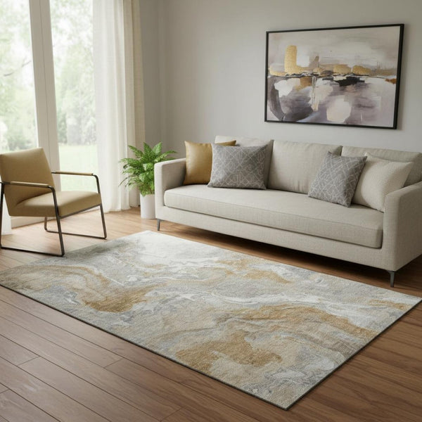 HomeRoots 5' X 8' Modern Graphite Beige Ivory Abstract Washable Area Rug with UV Protection & Non-Slip Backing 697070