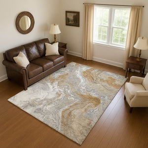 HomeRoots 5' X 8' Modern Graphite Beige Ivory Abstract Washable Area Rug with UV Protection & Non-Slip Backing 697070